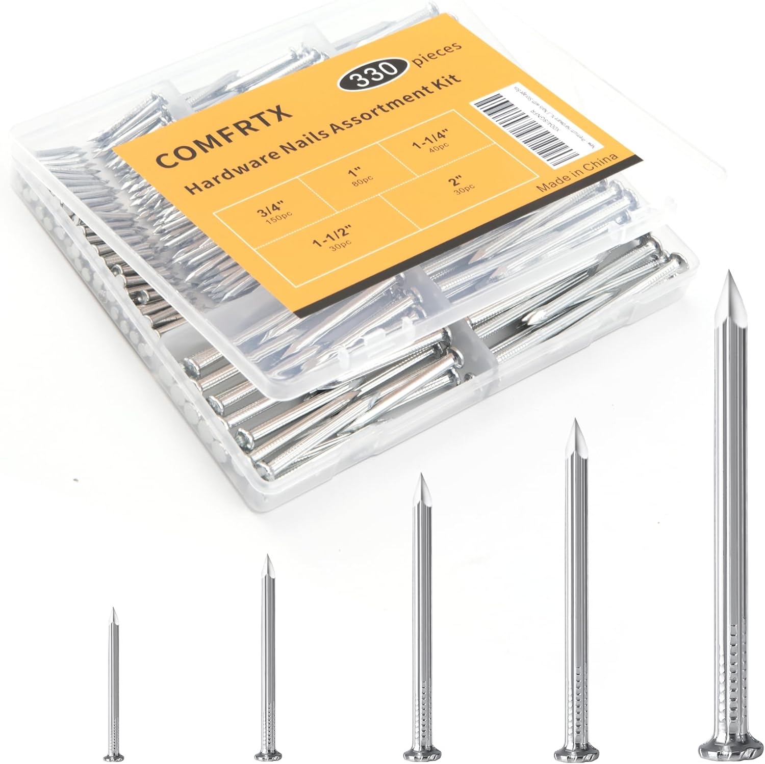 71PDvvZwkVL._AC_SL1500_ Concrete Nails for Hanging Pictures Assortment Kit 330Pcs - 5 Sizes (Up to 2") Picture Hanging Nails for Wood Wall Drywall Cement Brick Masonry Nails Assorted,Galvanized Frame Small Nails with Box - Image 1