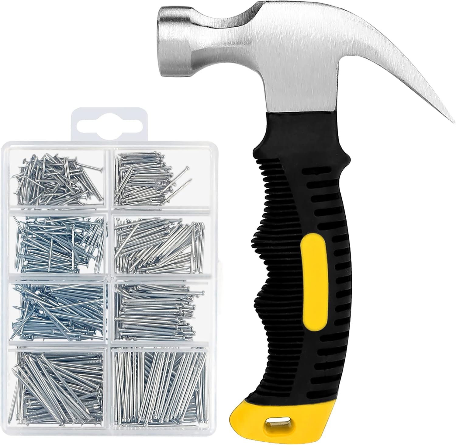 71bZJjq6YmL._AC_SL1500_ KURUI 700PCs Nails Assortment Kit & 8oz Hammer, Small Hammer for Hanging Wall Art Decor, Picture Frame, 350 Roofing/Wall Nails & 350 Finishing Nail - Image 1